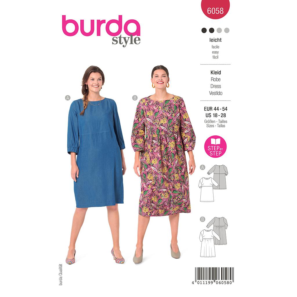 [B6058] Patron Burda 6058 - Robe – tombé fluide – manches 3/4 du 46 au 56