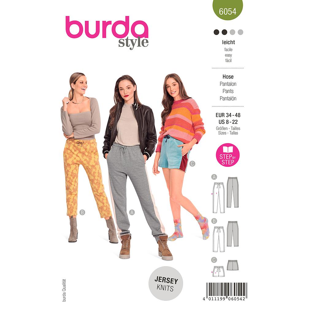 Patron Burda 6054 - Pantalons de jogging Femme en trois longueurs avec bandes latérales du 36 au 50
