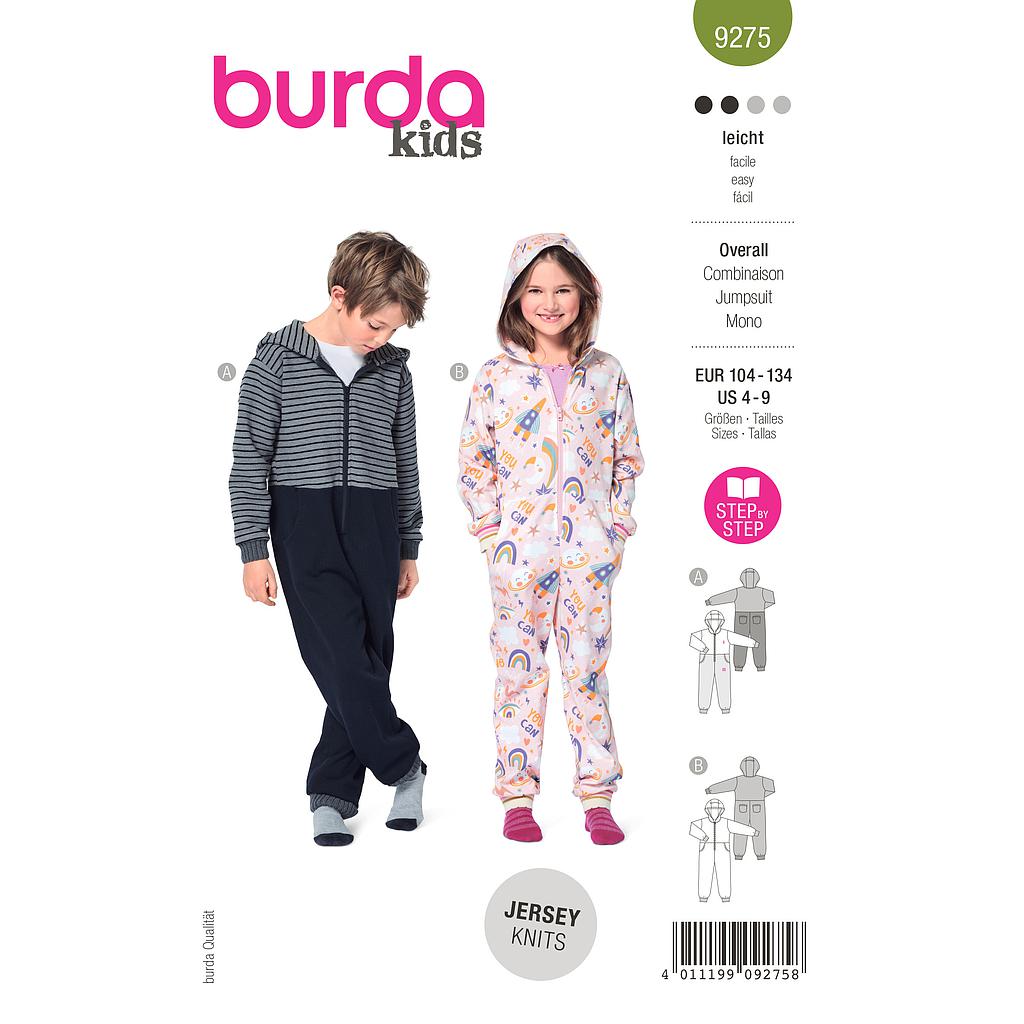 [B9275] Patron Burda 9275 - Combinaison Enfant Mixte à capuche du 104 au 134