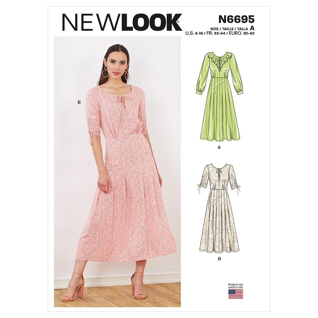 Patron New Look 6695 - Robe avec variation de hauts et bas évasée à plis du 32 au 44