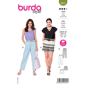 Patron Burda 6015 - Pantalon à taille élastique coupe cônique et Short du 36 au 46 (FR)