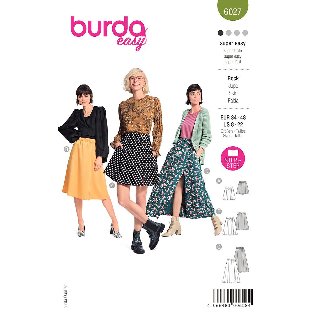 [B6027] Patron Burda 6027 - Jupes à pans évasés, variations de longueurs du 36 au 46 (FR)