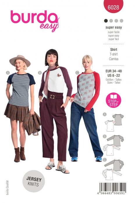 Patron Burda 6028 - Tee- shirts près du corps, manches raglan et encolure arrondie du 36 au 46 (FR)