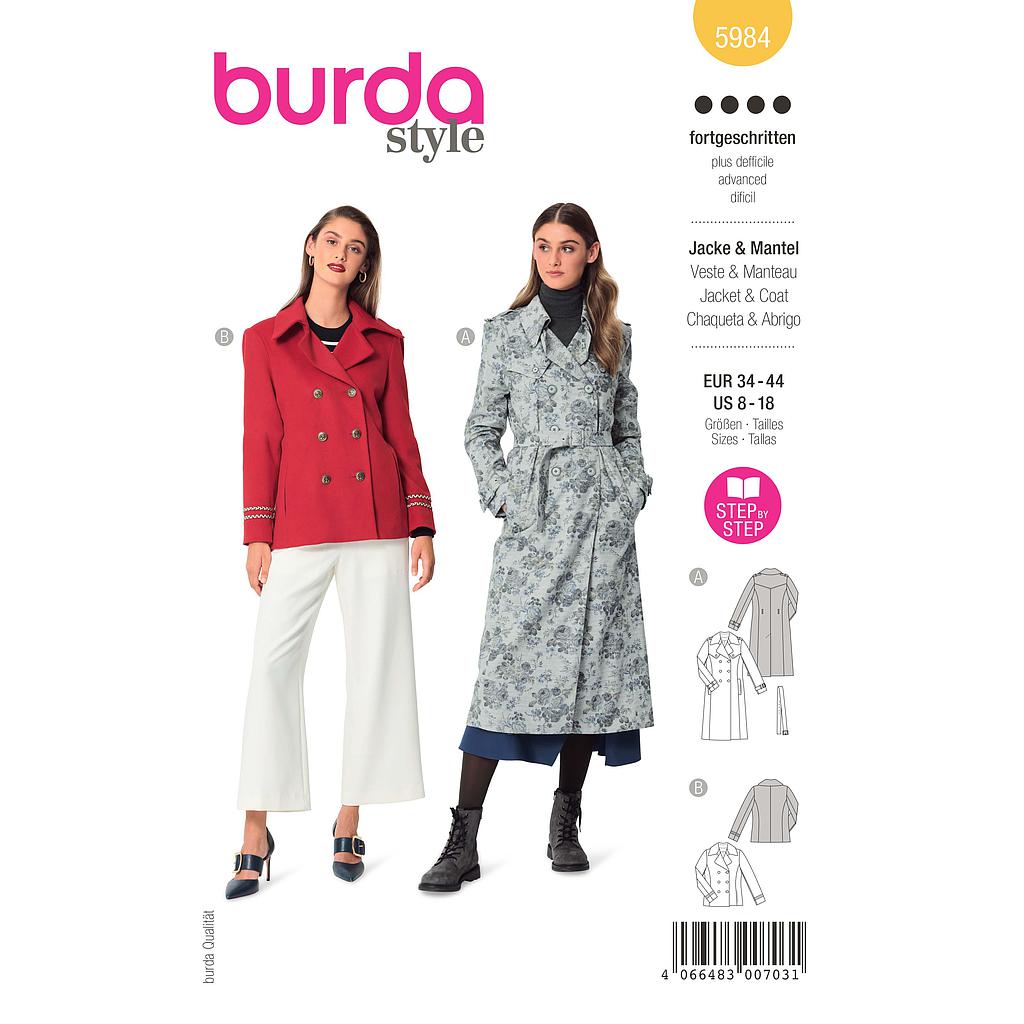 [B5984] Patron Burda 5984 - Veste caban & trench-coat entièrement doublés du 36 au 46 (FR)