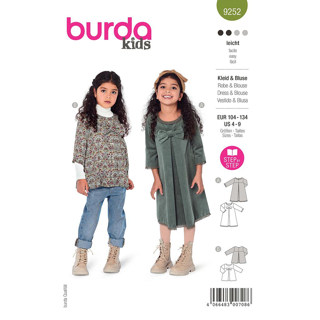 Patron Burda 9252 - Robe &amp; blouse évasées de 104 à 134 cm