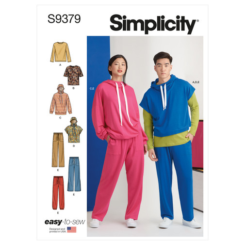 [S9379] Patron Simplicity 9379 - Sweats à capuche, pantalons et t-shirts unisexe surdimensionnés en tricot 40 au 62 FR