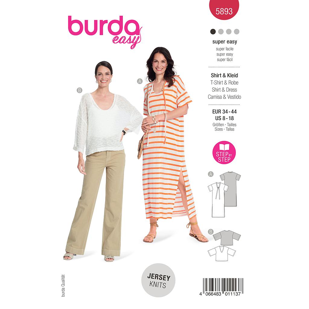 [B5893] Patron Burda 5893 - Robe et un tee-shirt en tissu mailles du 34 au 44 (FR)