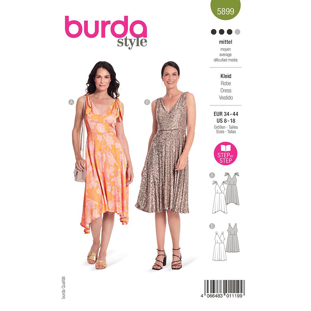[B5899] Patron Burda 5899 - Robes virevoltantes avec corsage croisé du 34 au 44 (FR)