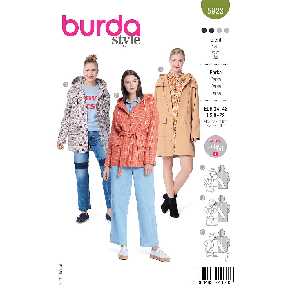Patron Burda 5923 - Parka à capuche et poches plaquées du 34 au 48 (FR)