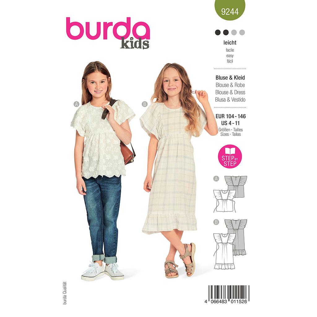 [B9244] Patron Burda 9244 - Robe et Blouse avec décolleté décorées de ruchés de manches du 36 au 46 (FR)