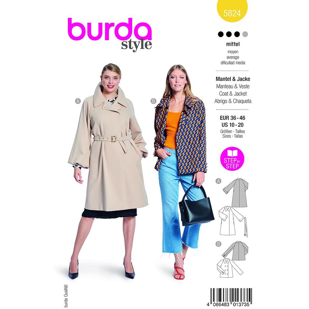 [B5824] Patron Burda 5824 - Manteau décontracté du 36 au 46 FR 