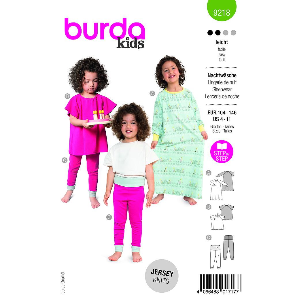 [B9218] Patron Burda 9218 - Chemise de nuit, pyjama pour enfants