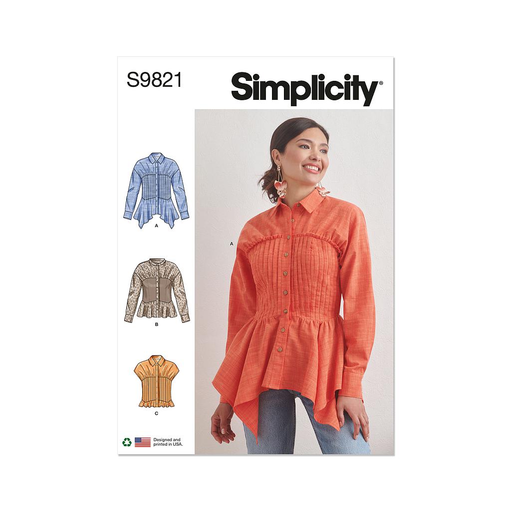 Patron Simplicity 9821 - Chemisier avec variations de col, manches et ourlet pour dames