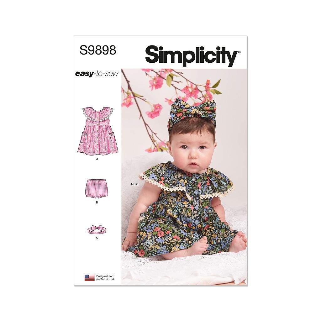 [S9898.A] Patron Simplicity 9898 - Robe, culotte et bandeau pour bébé