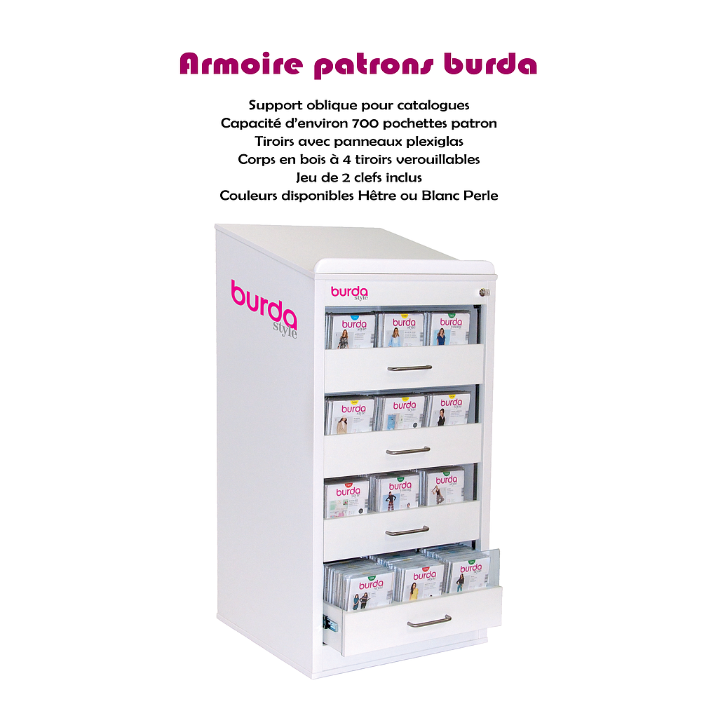 Meuble armoire patrons BURDA avec pupitre pour catalogues - L60 x P62 x H117 cm - Blanc
