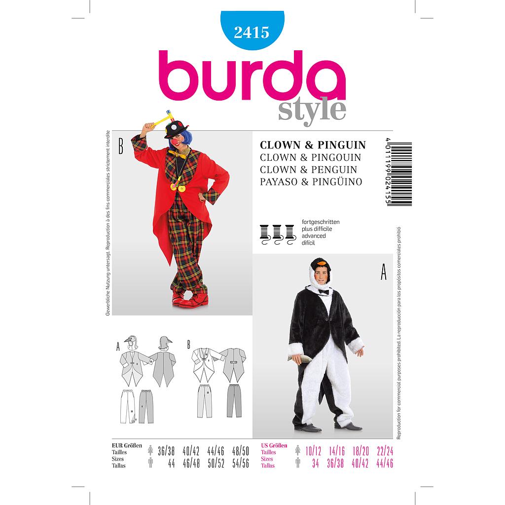 [B2415] Patron Burda Carnaval 2415 - Déguisement Pingouin & clown Adulte Mixte