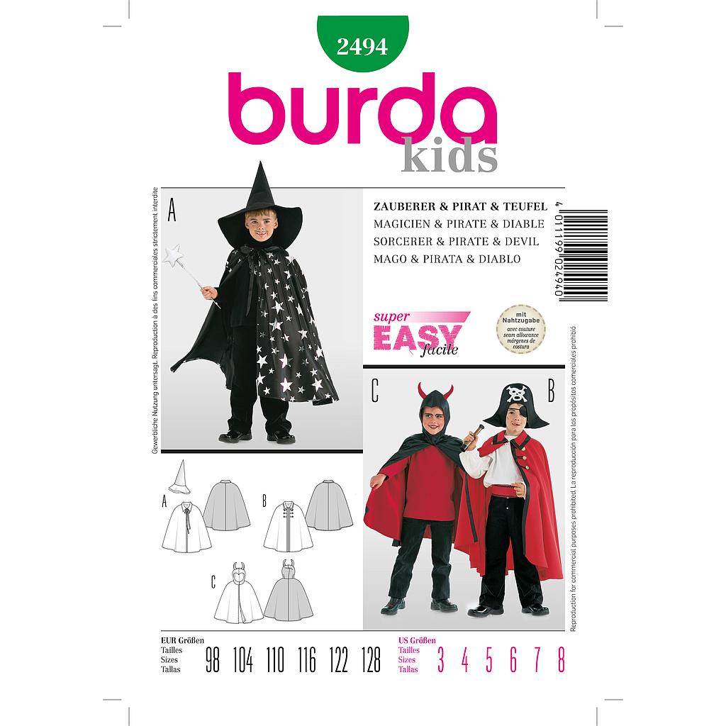 [B2494] Patron Burda Carnaval 2494 - Déguisement  Cape et Chapeau de Magicien, Pirate et Diable enfant