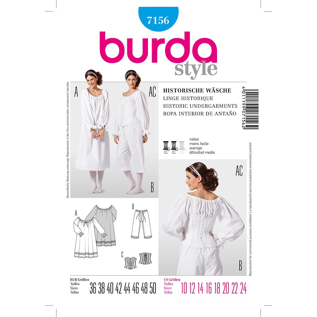 [B7156] Patron Burda Carnaval 7156 - Déguisement Historique Sous - Vêtements Femme