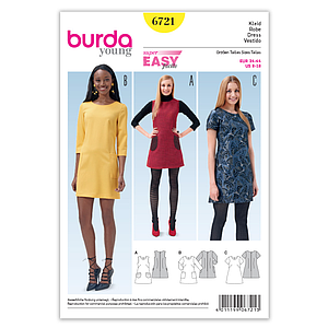 Patron Burda 6721 : Robe droite légèrement évasée avec variations de manches du 36 au 46 (FR)