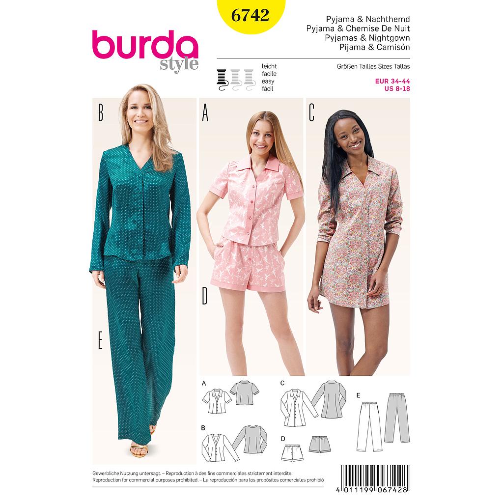[B6742] Patron Burda 6742 : Pyjama et chemise de nuit Femme du 36 au 46 (FR)